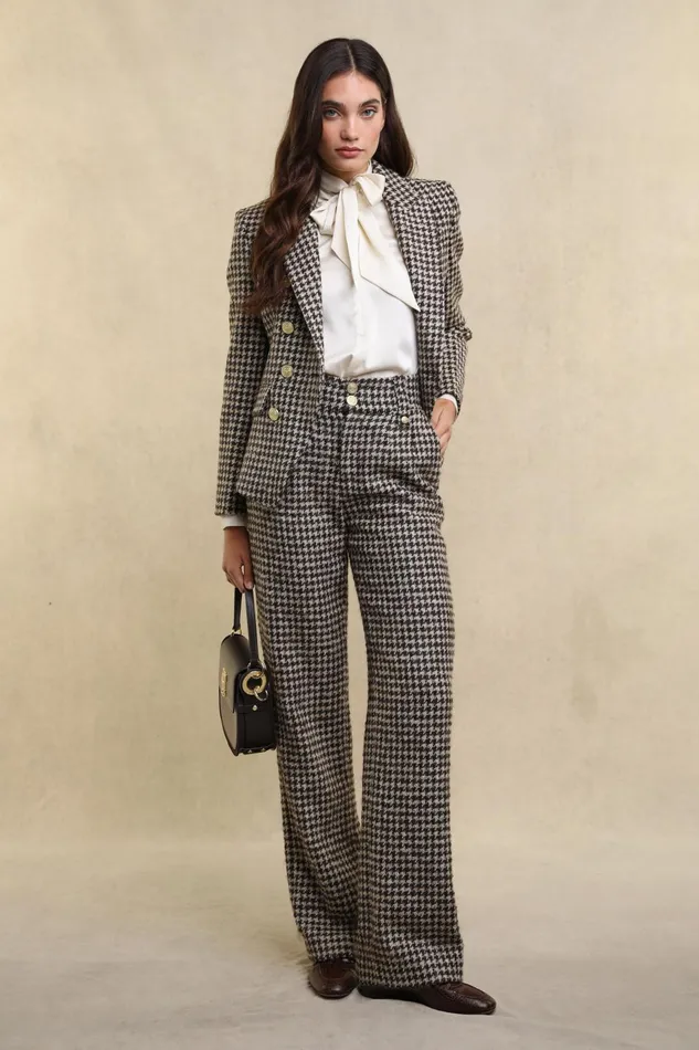 Holland Cooper Tailoring Women High Waisted Straight Trouser Coffee Houndstooth Holland Cooper Tailoring Women High Waisted Straight Trouser Coffee Houndstooth