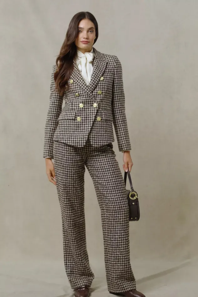 Holland Cooper Tailoring Women High Waisted Straight Trouser Coffee Houndstooth Holland Cooper Tailoring Women High Waisted Straight Trouser Coffee Houndstooth