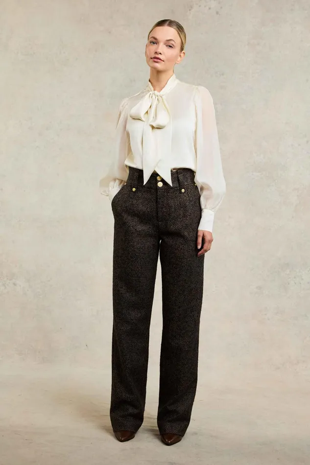 Holland Cooper Tailoring Women High Waisted Straight Trouser Walnut Herringbone