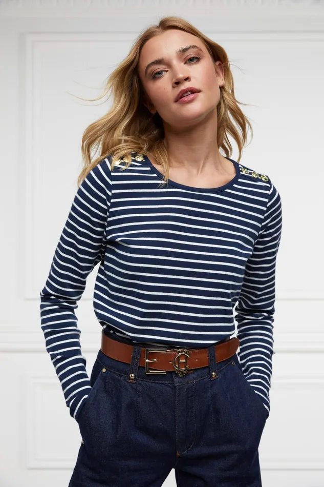 Holland Cooper Tops Women Padstow Long Sleeve Crew Neck Tee Ink Navy Natural Stripe
