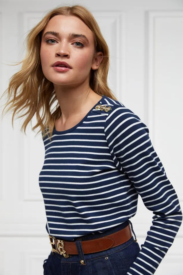 Holland Cooper Tops Women Padstow Long Sleeve Crew Neck Tee Ink Navy Natural Stripe Holland Cooper Tops Women Padstow Long Sleeve Crew Neck Tee Ink Navy Natural Stripe