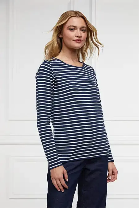 Holland Cooper Tops Women Padstow Long Sleeve Crew Neck Tee Ink Navy Natural Stripe Holland Cooper Tops Women Padstow Long Sleeve Crew Neck Tee Ink Navy Natural Stripe