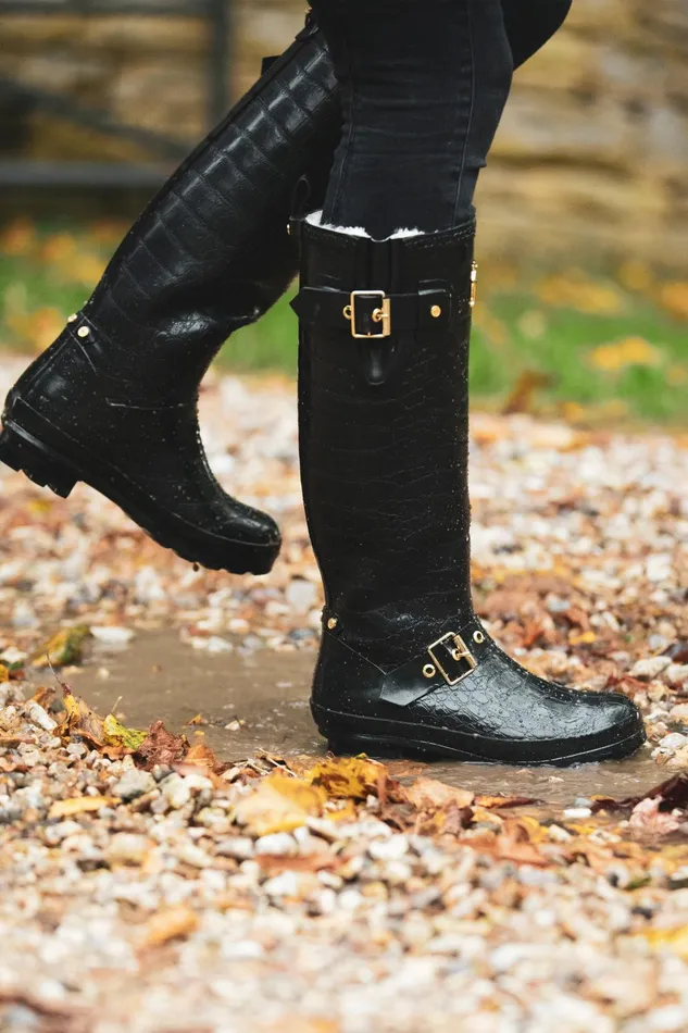 Holland Cooper Wellington Boots Women Sherpa Lined Regency Wellington Black Croc
