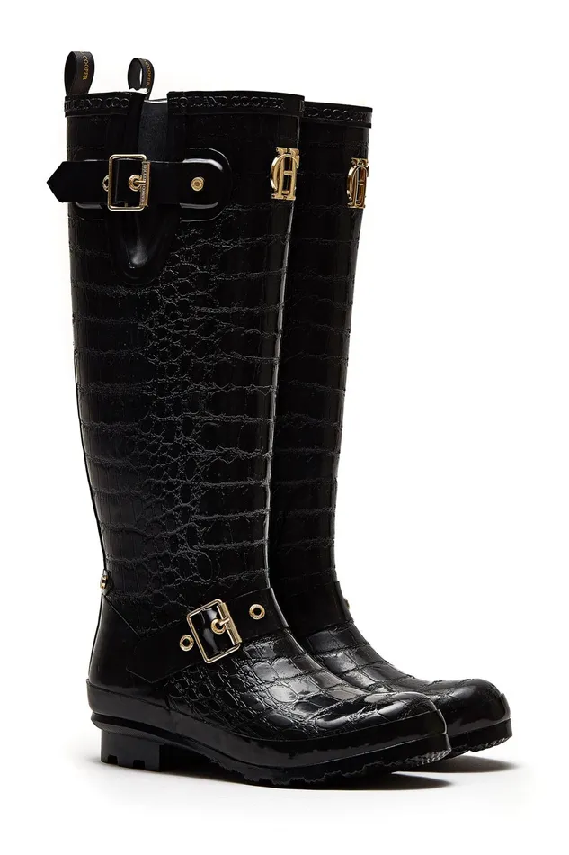 Holland Cooper Wellington Boots Women Sherpa Lined Regency Wellington Black Croc