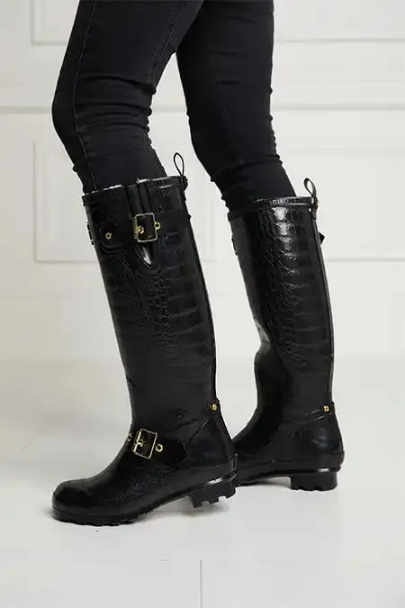 Holland Cooper Wellington Boots Women Sherpa Lined Regency Wellington Black Croc