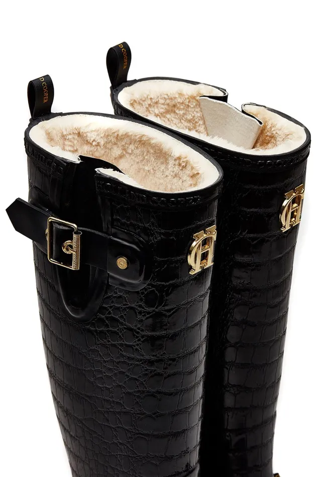 Holland Cooper Wellington Boots Women Sherpa Lined Regency Wellington Black Croc
