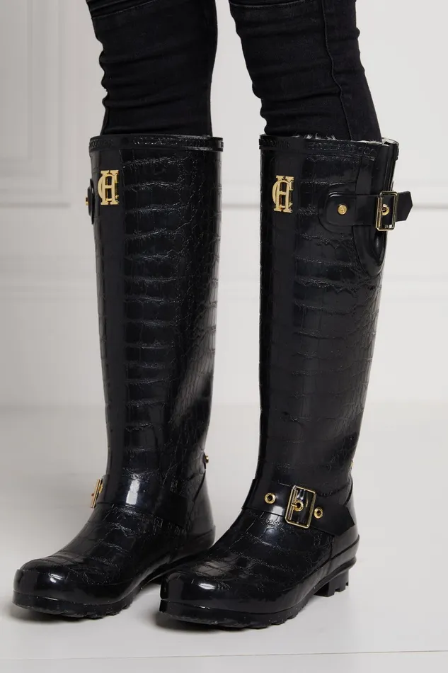 Holland Cooper Wellington Boots Women Sherpa Lined Regency Wellington Black Croc