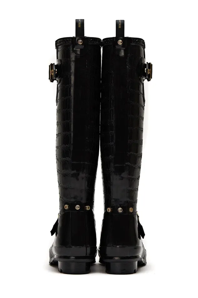 Holland Cooper Wellington Boots Women Sherpa Lined Regency Wellington Black Croc