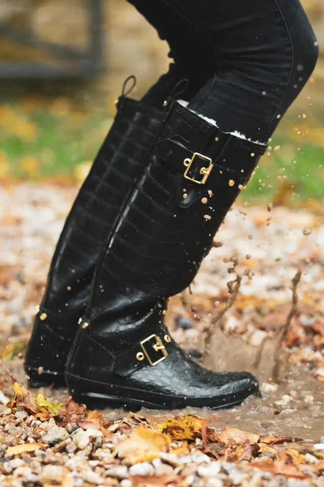 Holland Cooper Wellington Boots Women Sherpa Lined Regency Wellington Black Croc