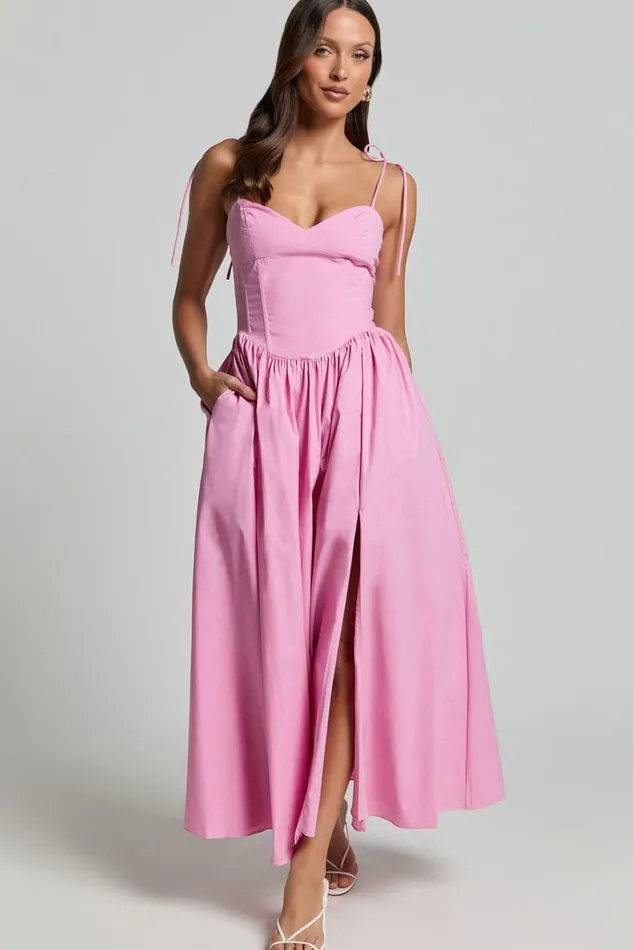 Holly Midi Dress 8211 Corset Lace Up Dress With Split In Musk Pink Women Showpo Dresses