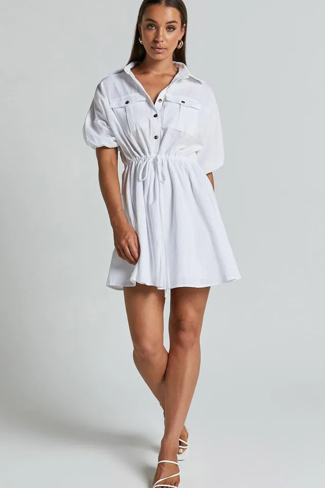 Holly Utility Tie Waist Mini Dress In White Women Showpo Dresses