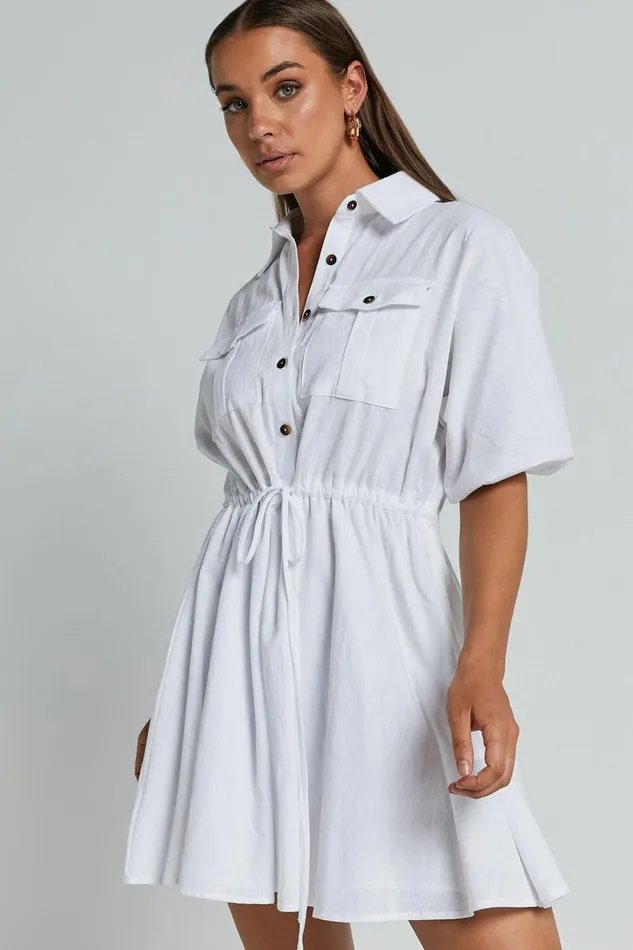 Holly Utility Tie Waist Mini Dress In White Women Showpo Dresses