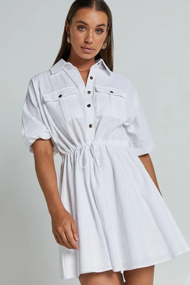 Holly Utility Tie Waist Mini Dress In White Women Showpo Dresses
