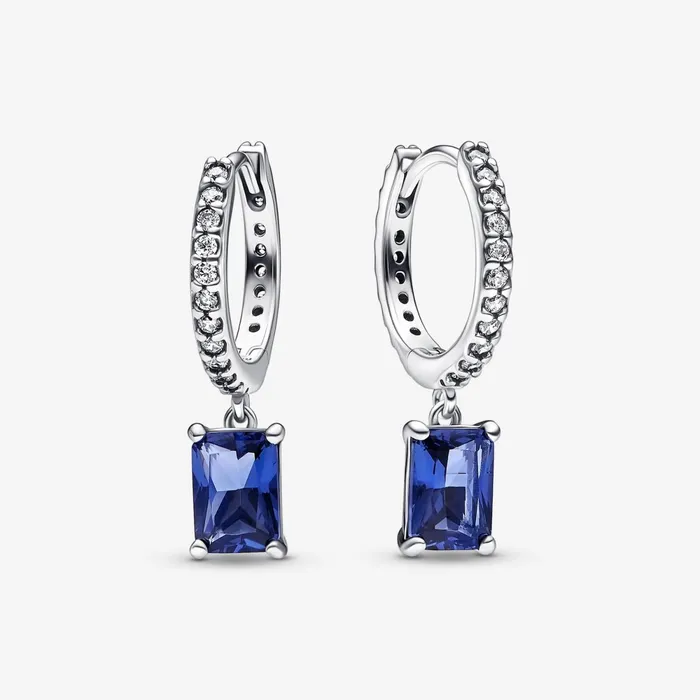 Hoop Earrings Women Pandora Blue Rectangular Sparkling Hoop Earrings