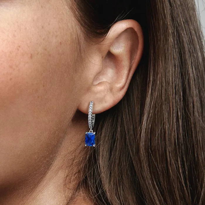 Hoop Earrings Women Pandora Blue Rectangular Sparkling Hoop Earrings