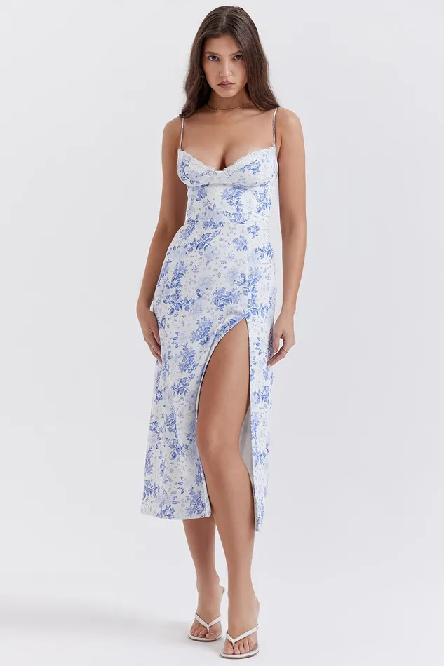 House Of CB CharlotteBlue Print Corset Midi Dress Blue Women Corset Dresses