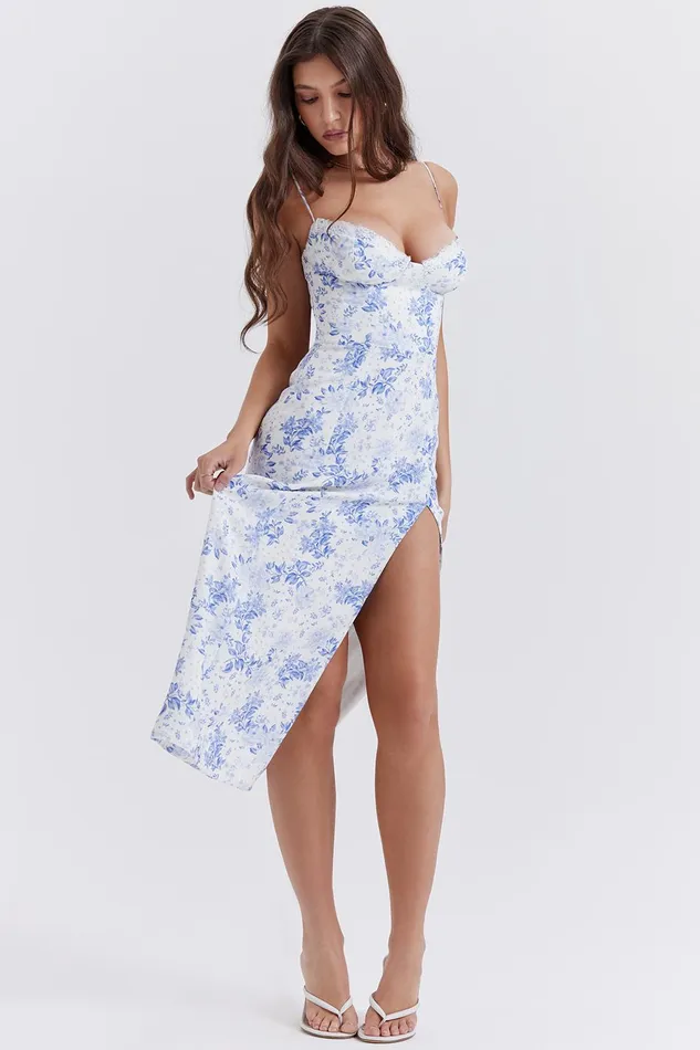 House Of CB CharlotteBlue Print Corset Midi Dress Blue Women Corset Dresses
