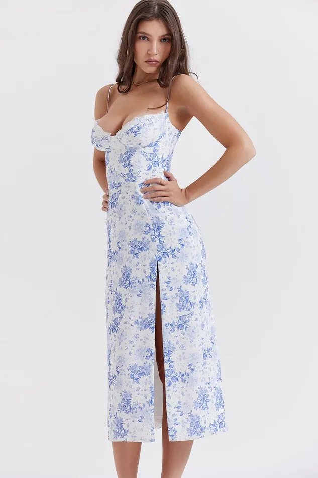 House Of CB CharlotteBlue Print Corset Midi Dress Blue Women Corset Dresses