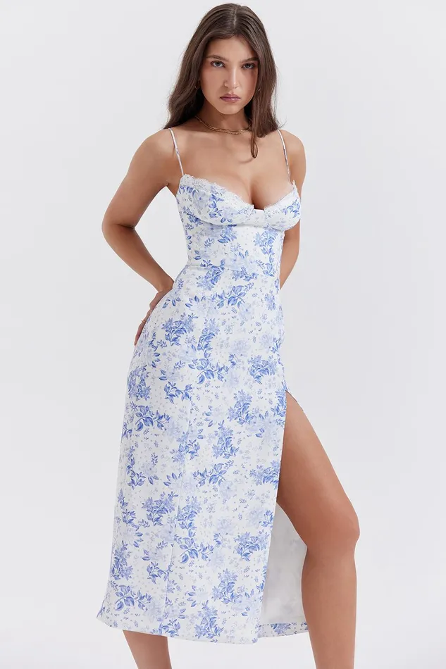 House Of CB CharlotteBlue Print Corset Midi Dress Blue Women Corset Dresses