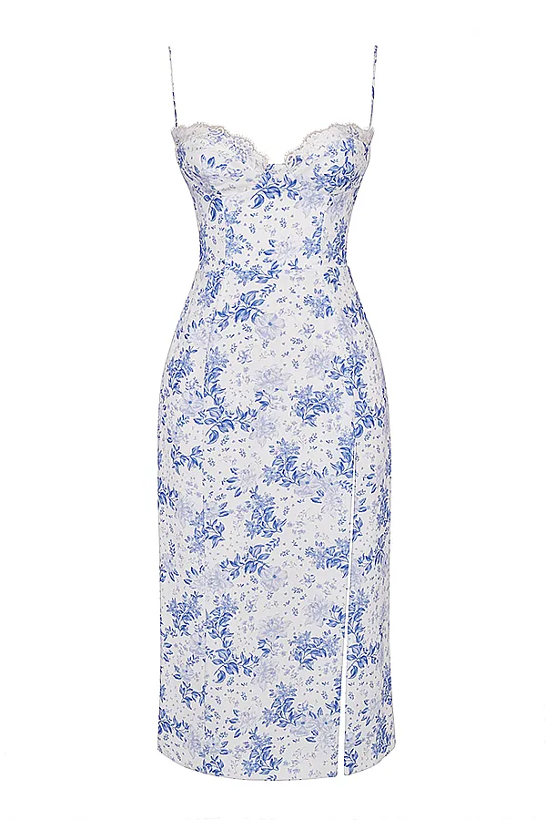 House Of CB CharlotteBlue Print Corset Midi Dress Blue Women Corset Dresses