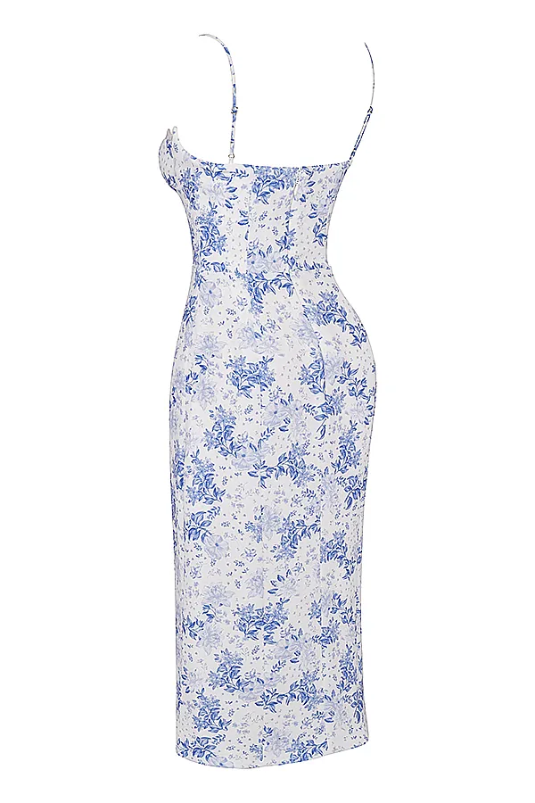 House Of CB CharlotteBlue Print Corset Midi Dress Blue Women Corset Dresses