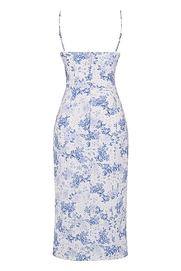 House Of CB CharlotteBlue Print Corset Midi Dress Blue Women Corset Dresses