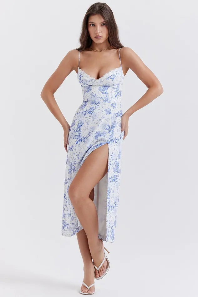 House Of CB CharlotteBlue Print Corset Midi Dress Blue Women Corset Dresses