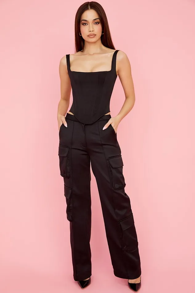 House Of CB DariaBlack Satin Straight Leg Cargo Trousers Black Women Trousers