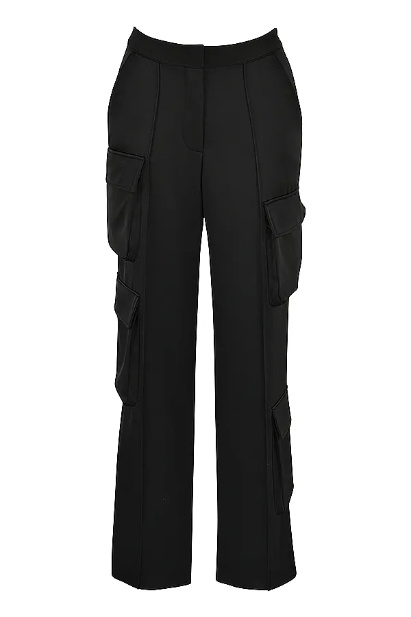 House Of CB DariaBlack Satin Straight Leg Cargo Trousers Black Women Trousers
