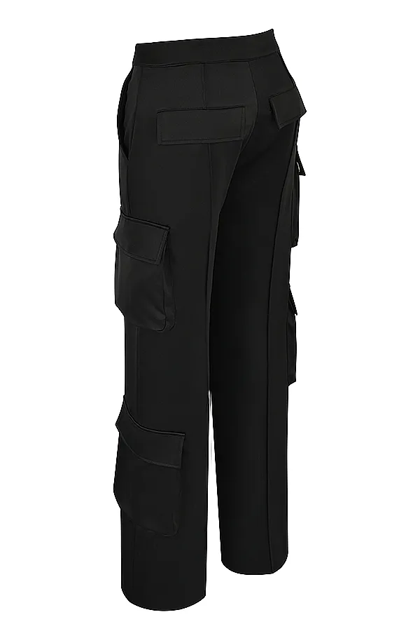 House Of CB DariaBlack Satin Straight Leg Cargo Trousers Black Women Trousers