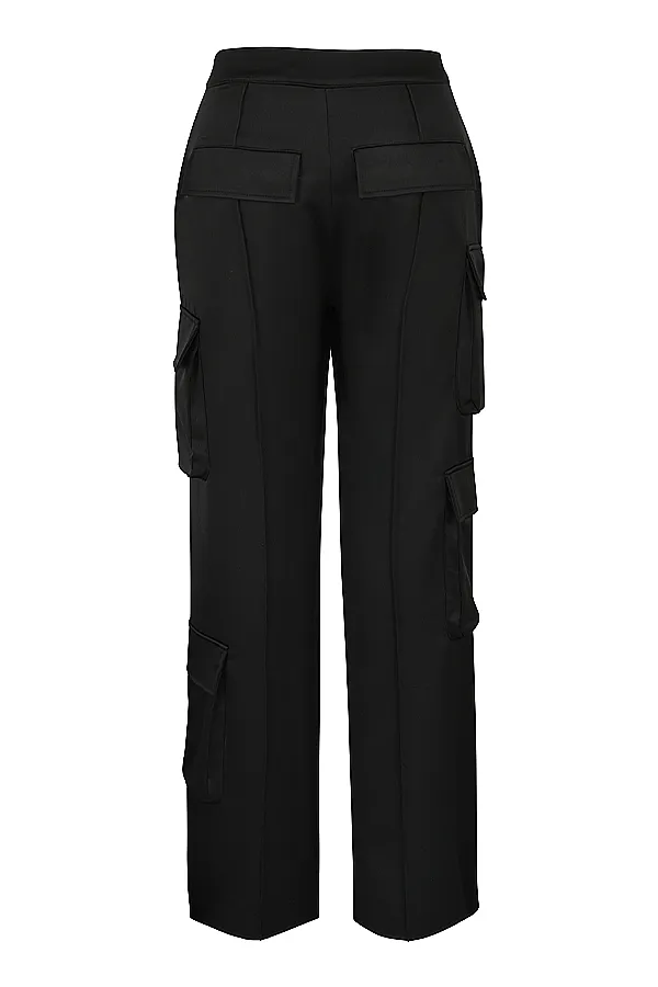 House Of CB DariaBlack Satin Straight Leg Cargo Trousers Black Women Trousers
