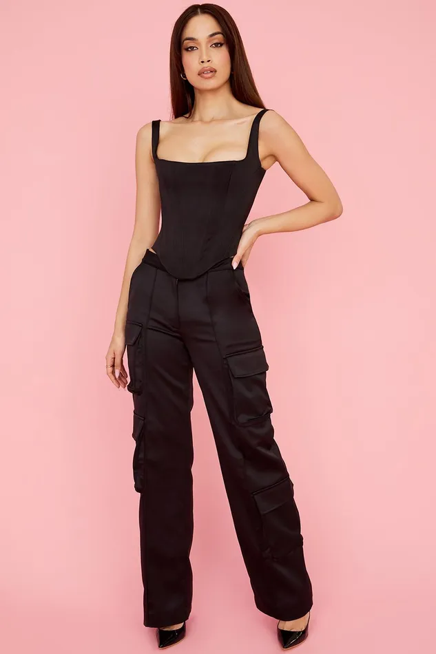 House Of CB DariaBlack Satin Straight Leg Cargo Trousers Black Women Trousers