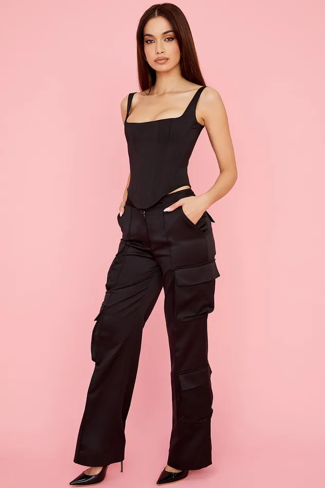 House Of CB DariaBlack Satin Straight Leg Cargo Trousers Black Women Trousers