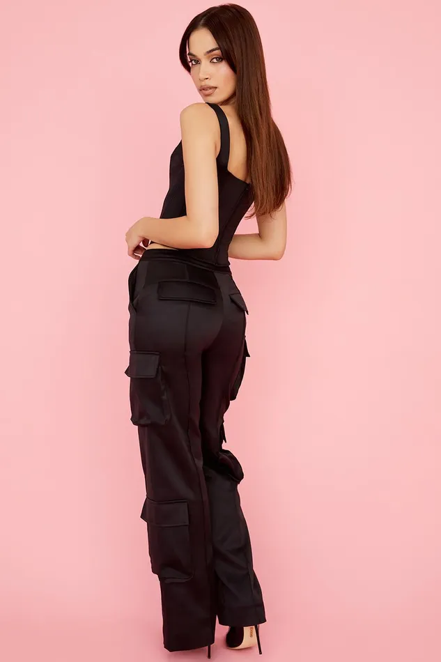 House Of CB DariaBlack Satin Straight Leg Cargo Trousers Black Women Trousers