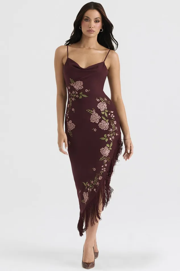 House Of CB EloisaWine Embroidered Midi Dress 8211 SALE Wine Women Floral Dresses