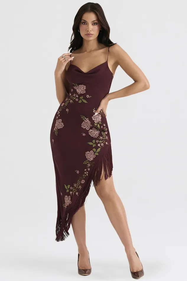 House Of CB EloisaWine Embroidered Midi Dress 8211 SALE Wine Women Floral Dresses