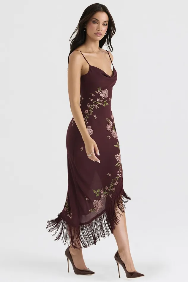 House Of CB EloisaWine Embroidered Midi Dress 8211 SALE Wine Women Floral Dresses