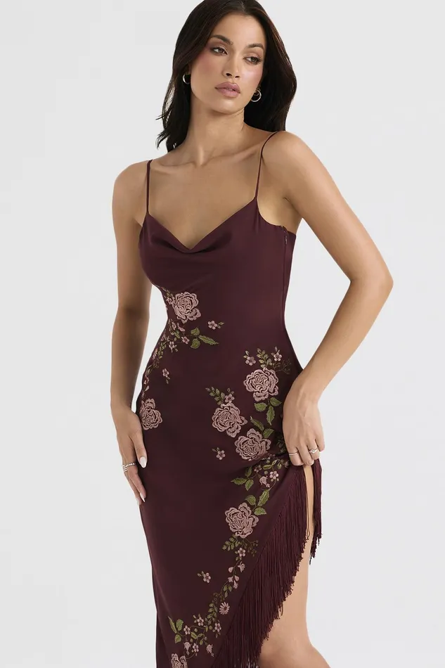 House Of CB EloisaWine Embroidered Midi Dress 8211 SALE Wine Women Floral Dresses