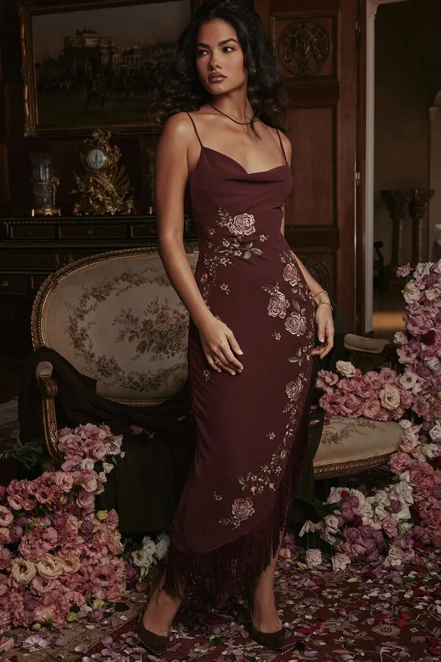 House Of CB EloisaWine Embroidered Midi Dress 8211 SALE Wine Women Floral Dresses