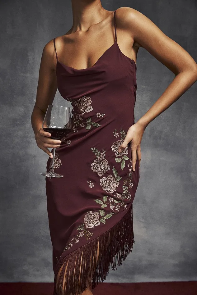 House Of CB EloisaWine Embroidered Midi Dress 8211 SALE Wine Women Floral Dresses