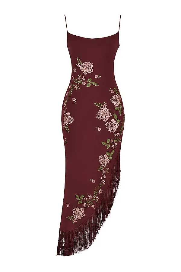 House Of CB EloisaWine Embroidered Midi Dress 8211 SALE Wine Women Floral Dresses
