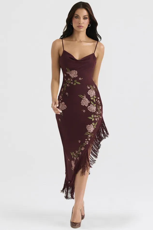 House Of CB EloisaWine Embroidered Midi Dress 8211 SALE Wine Women Floral Dresses