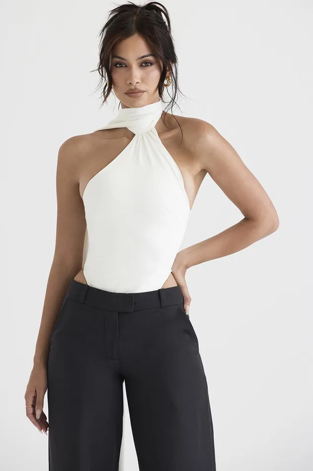 House Of CB FarrahIvory Satin Wrap Neck Bodysuit 8211 SALE Ivory Women Tops