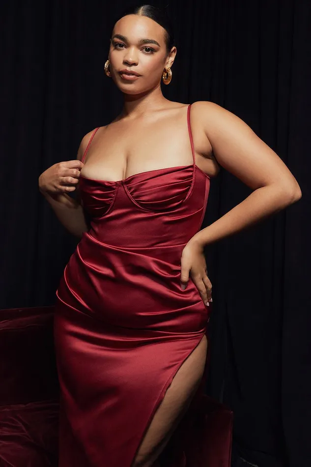 House Of CB FloraWine Satin Pleated Corset Midi Dress 8211 SALE Wine Women Bodycon Dresses