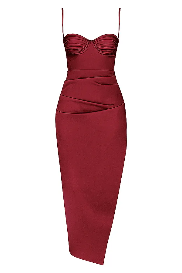 House Of CB FloraWine Satin Pleated Corset Midi Dress 8211 SALE Wine Women Bodycon Dresses