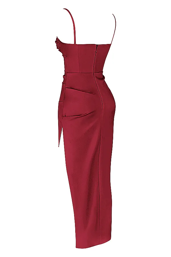 House Of CB FloraWine Satin Pleated Corset Midi Dress 8211 SALE Wine Women Bodycon Dresses