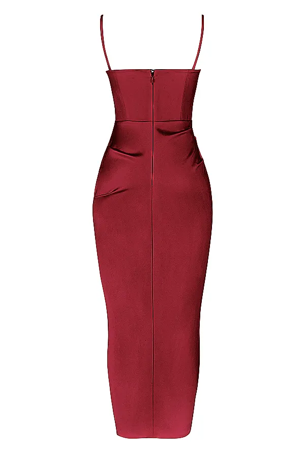 House Of CB FloraWine Satin Pleated Corset Midi Dress 8211 SALE Wine Women Bodycon Dresses