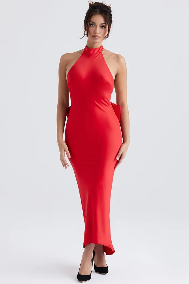 House Of CB IlariaRed Bow Halter Dress 8211 SALE Red Women Maxi Dresses