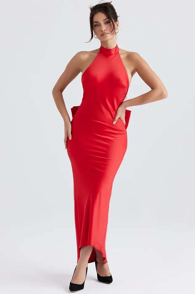 House Of CB IlariaRed Bow Halter Dress 8211 SALE Red Women Maxi Dresses