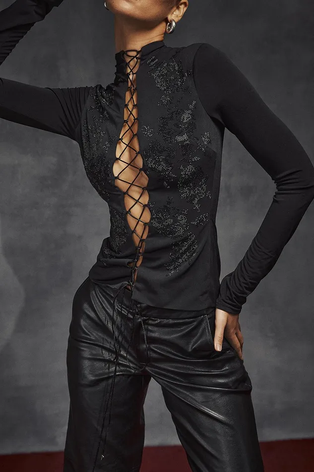 House Of CB LoriBlack Crystallised Lace Up Top 8211 SALE Black Women Tops